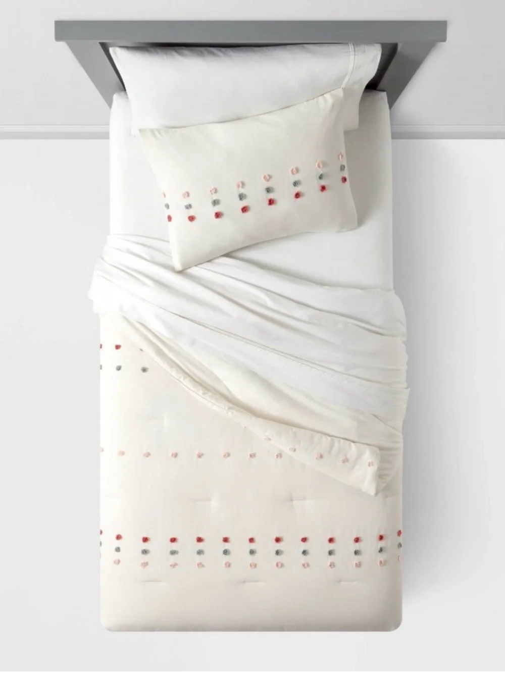 Kids’ Pillowfort White Comforter and Sham with Colorful Embroidered Polka Dots